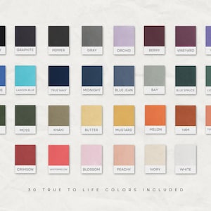 May include: A color palette featuring 30 true-to-life colors, each displayed on a small square with a corresponding name. Colors range from black, gray, and navy to vibrant hues like orchid, melon, and crimson. The text "30 TRUE TO LIFE COLORS INCLUDED" is at the bottom.