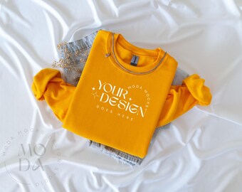 Gold Gildan 18000 Sweatshirt Mockup | Heavy Blend Crewneck Sweat Shirt Mock Up | Folded Flat Lay Mock-Up | Flatlay Mockups