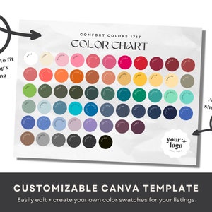 Carta de colores editable Comfort Colors 1717, plantilla Canva personalizable, 58 colores SwiftPOD en Printify, impresión bajo demanda y recursos de sublimación