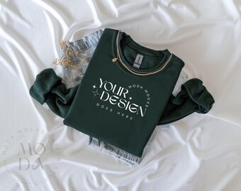 Forest Gildan 18000 Sweatshirt Mockup | Heavy Blend Crewneck Sweat Shirt Mock Up | Folded Flat Lay Mock-Up | Flatlay Mockups
