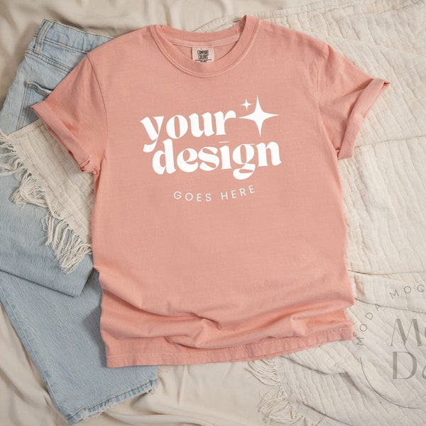 Peachy Comfort Colors 1717 Mockup | T Shirt Mockup | Comfort Colors C1717 Mock-Up | Flat Lay Mock Up | Neutral Flatlay Collection