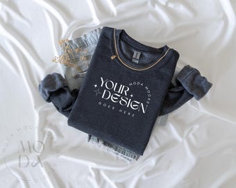 Dark Heather Gildan 18000 Sweatshirt Mockup | Heavy Blend Crewneck Sweat Shirt Mock Up | Folded Flat Lay Mock-Up | Flatlay Mockups
