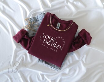 Maroon Gildan 18000 Sweatshirt Mockup | Heavy Blend Crewneck Sweat Shirt Mock Up | Folded Flat Lay Mock-Up | Flatlay Mockups