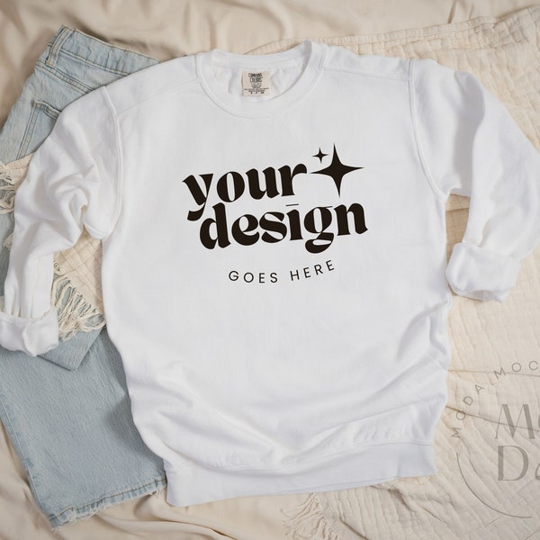 White Comfort Colors 1566 Sweatshirt Mockup | Flat Lay Crewneck Sweatshirt Mockup | Neutral Flatlay Sweatshirt Collection