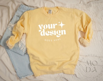 Butter Comfort Colors 1566 Sweatshirt Mockup | Flat Lay Crewneck Sweatshirt Mockup | Neutral Flatlay Sweatshirt Collection