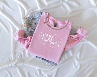 Light Pink Gildan 18000 Sweatshirt Mockup | Heavy Blend Crewneck Sweat Shirt Mock Up | Folded Flat Lay Mock-Up | Flatlay Mockups