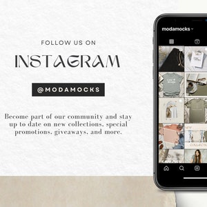 May include: A screenshot of a mobile phone displaying the Instagram app. The app shows a grid of nine images, each featuring a different design of a t-shirt. The text "modamocks" is visible at the top of the screen. The text "FOLLOW US ON INSTAGRAM @MODAMOCKS" is visible below the phone.
