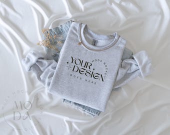 Ash Gildan 18000 Sweatshirt Mockup | Heavy Blend Crewneck Sweat Shirt Mock Up | Folded Flat Lay Mock-Up | Flatlay Mockups
