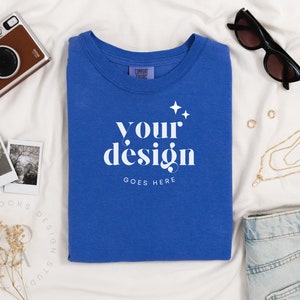 Flo Blue Comfort Colors 1717 Mockup | Folded T Shirt Mockup | Comfort Colors Mockup | Flatlay Mockup | Folded Luxury Linen Collection