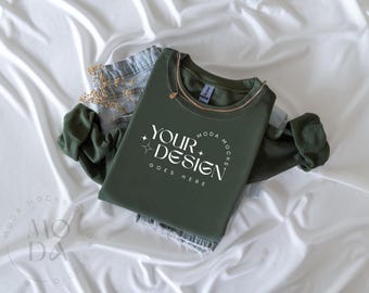 Miltary Green Gildan 18000 Sweatshirt Mockup | Heavy Blend Crewneck Sweat Shirt Mock Up | Folded Flat Lay Mock-Up | Flatlay Mockups