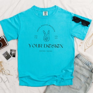 Lagoon Blue Comfort Colors 1717 Mockup | T Shirt Mockup | Comfort Colors Mockup | Flatlay Mockup | Luxury Linen Collection