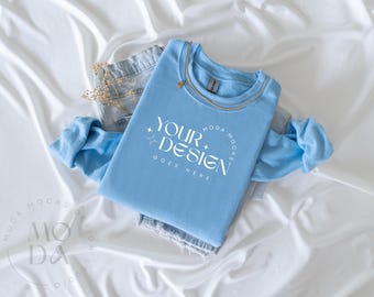 Light Blue Gildan 18000 Sweatshirt Mockup | Heavy Blend Crewneck Sweat Shirt Mock Up | Folded Flat Lay Mock-Up | Flatlay Mockups