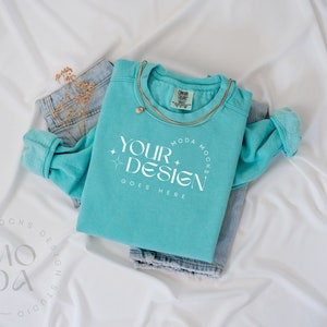 Chalky Mint Comfort Colors 1566 Sweatshirt Mockup | Folded Crewneck Sweatshirt Mockup | Comfort Colors Mockup | Flatlay Mockup