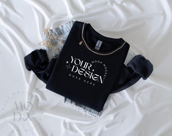 Black Gildan 18000 Sweatshirt Mockup | Heavy Blend Crewneck Sweat Shirt Mock Up | Folded Flat Lay Mock-Up | Flatlay Mockups