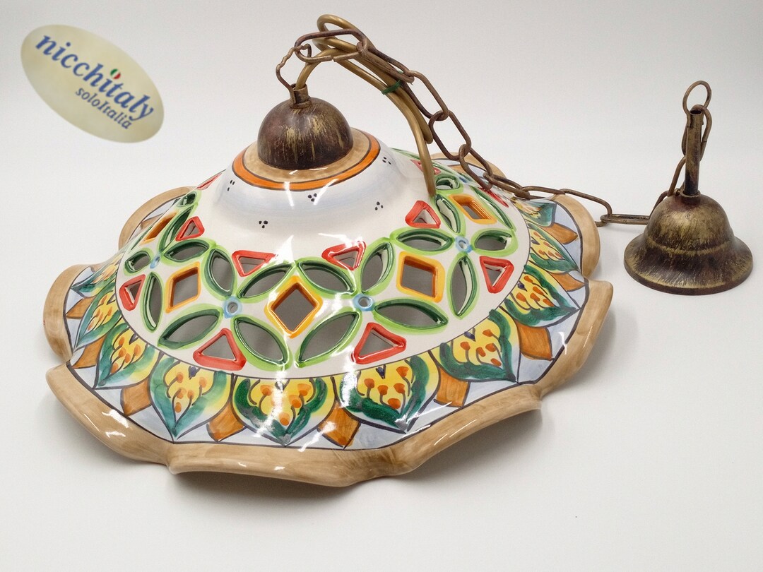Lustre En Céramique Artistique Vietri – Vert – Perforé Et Décoré Main – Fabriqué En Italie