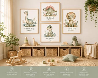 Watercolor Dinosaur Nursery Print Set of 4, Boys Room Wall Art Trex Triceratops Stegosaurus Brachiosaurus, Dino Baby Decor, Digital Download