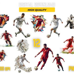 May include: Twelve digital illustrations of a soccer player in various poses. The images are in a colorful, abstract style with splashes of color and paint. The text "DIGITAL DOWNLOAD", "HIGH QUALITY", "300 DPI", "PNG", and "12" are visible in the image.