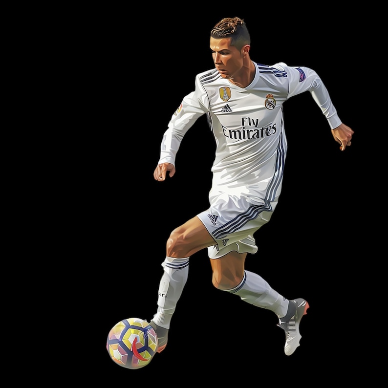 May include: A soccer player in a white jersey with black stripes and the text "Fly Emirates" on the front, wearing white socks and black cleats, dribbling a soccer ball.