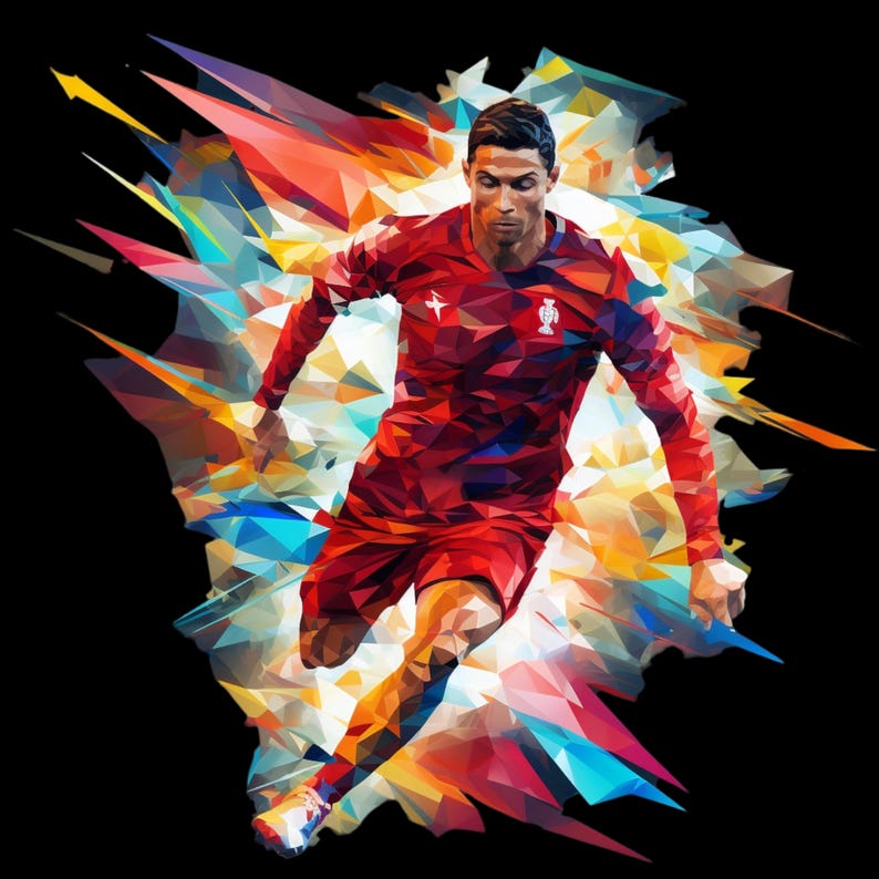 May include: A soccer player in a red and white jersey with the Portuguese flag on the chest, kicking a soccer ball. The player is surrounded by a colorful abstract background.