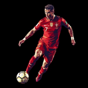 May include: A soccer player in a red and green jersey with the number 7 on the front, kicking a soccer ball. The player is wearing red shorts and white socks.