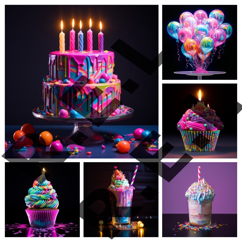 Neon Happy Birthday Cake Cupcake Milkshake High Quality JPEG PNG for ...