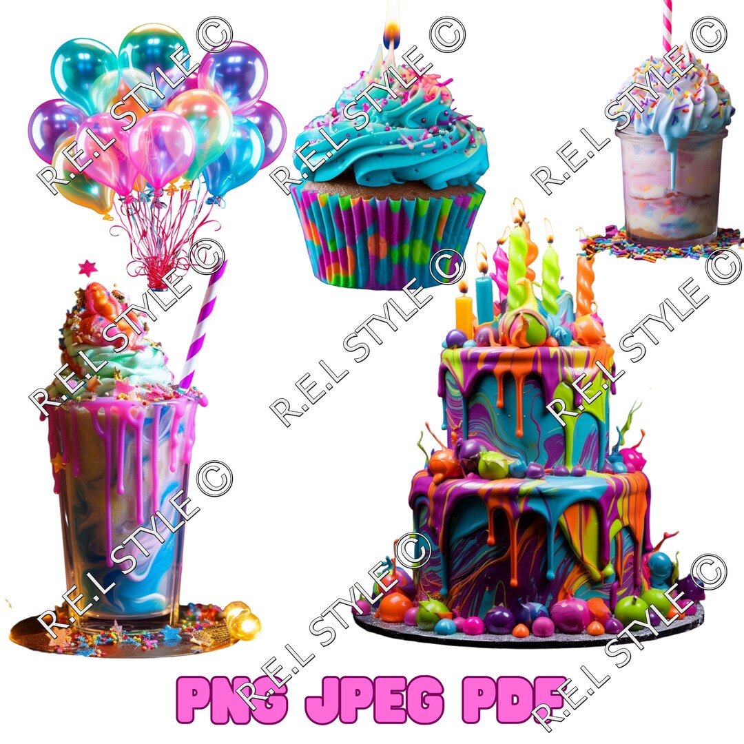 Neon Happy Birthday Cake Cupcake Milkshake High Quality JPEG PNG for ...