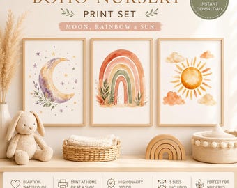 Boho Rainbow Nursery Print Set of 3 Sun Moon Cloud Watercolor Wall Art Gender Neutral Baby Room Decor Printable Instant Download