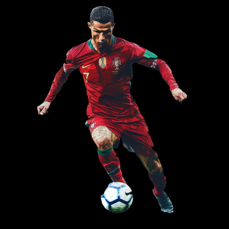 May include: A soccer player in a red and green jersey with the number 7 on the front, dribbling a white and black soccer ball. The jersey has the Portuguese flag on the chest and the text "Portugal" on the sleeve.