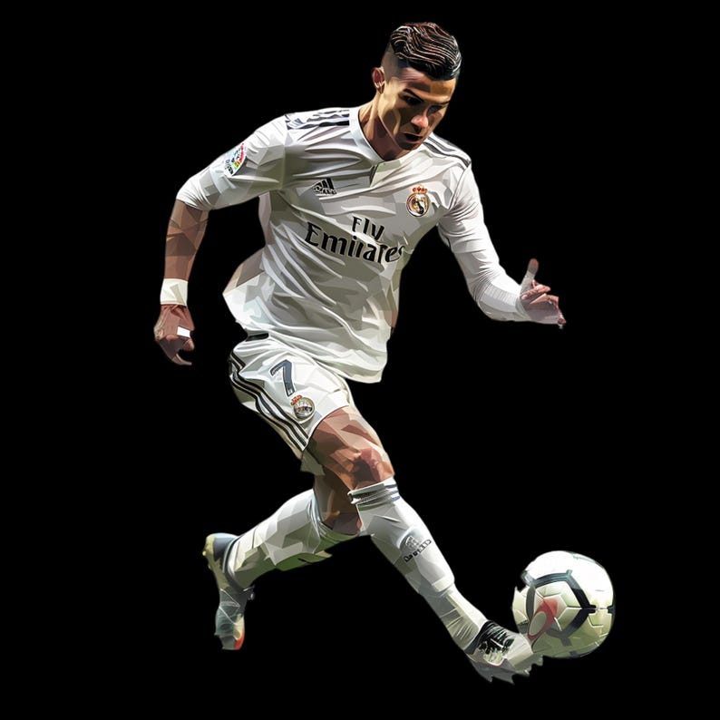 May include: A soccer player in a white jersey with black trim and the words "Fly Emirates" on the front, kicking a white and black soccer ball. The player is wearing white socks and black cleats.