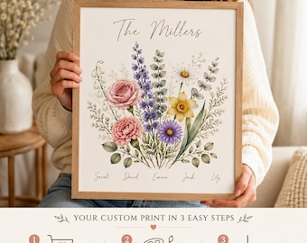 Custom Family Birth Flower Bouquet | Personalized Watercolor Illustration | Boho Botanical Mother's Day Gift | Family Portrait Digital Print