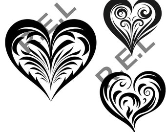 Heart Instant Downloads in Black & White 3 Heart SVG, 3 Heart  PNG, pdf, eps digital download for T-Shirts and More