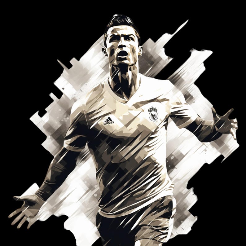 May include: A black and white illustration of a soccer player in a white jersey with the Adidas logo and the Real Madrid crest. The player is in mid-stride, with his arms outstretched and his head tilted back. The background is a blurred image of a soccer field.