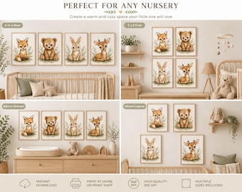 Woodland Baby Animals Nursery Prints Set of 4 | Watercolor Fox Bear Rabbit Deer Wall Art | Neutral Printable Nursery Decor Digital Download