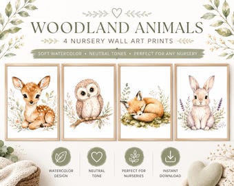 Woodland Nursery Prints Set of 4 | Watercolor Fox Deer Owl Rabbit Wall Art | Gender Neutral Baby Room Decor | Printable Digital Download