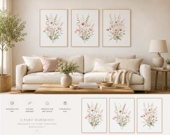 Boho Wildflower Wall Art Print Set,Pink Sage Botanical Printable, Watercolor Floral Decor,Neutral Boho Bedroom Bathroom Art,Digital Download