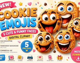 Cookies Clipart Set - 5 Digital Download JPGs & PNG - Cute Cartoon Cookie Illustrations
