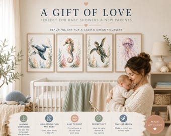 Watercolor Ocean Nursery Print Set of 4, Under the Sea Wall Art Whale Seahorse Turtle Jellyfish, Coastal Baby Room Decor, Digital Download