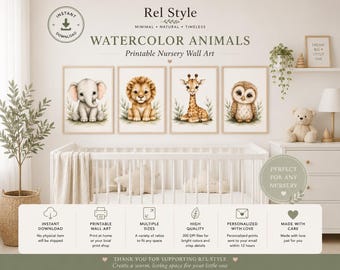 Watercolor Safari Nursery Print Set of 4, Baby Animal Wall Art Lion Elephant Giraffe Owl, Neutral Jungle Nursery Decor, Digital Download