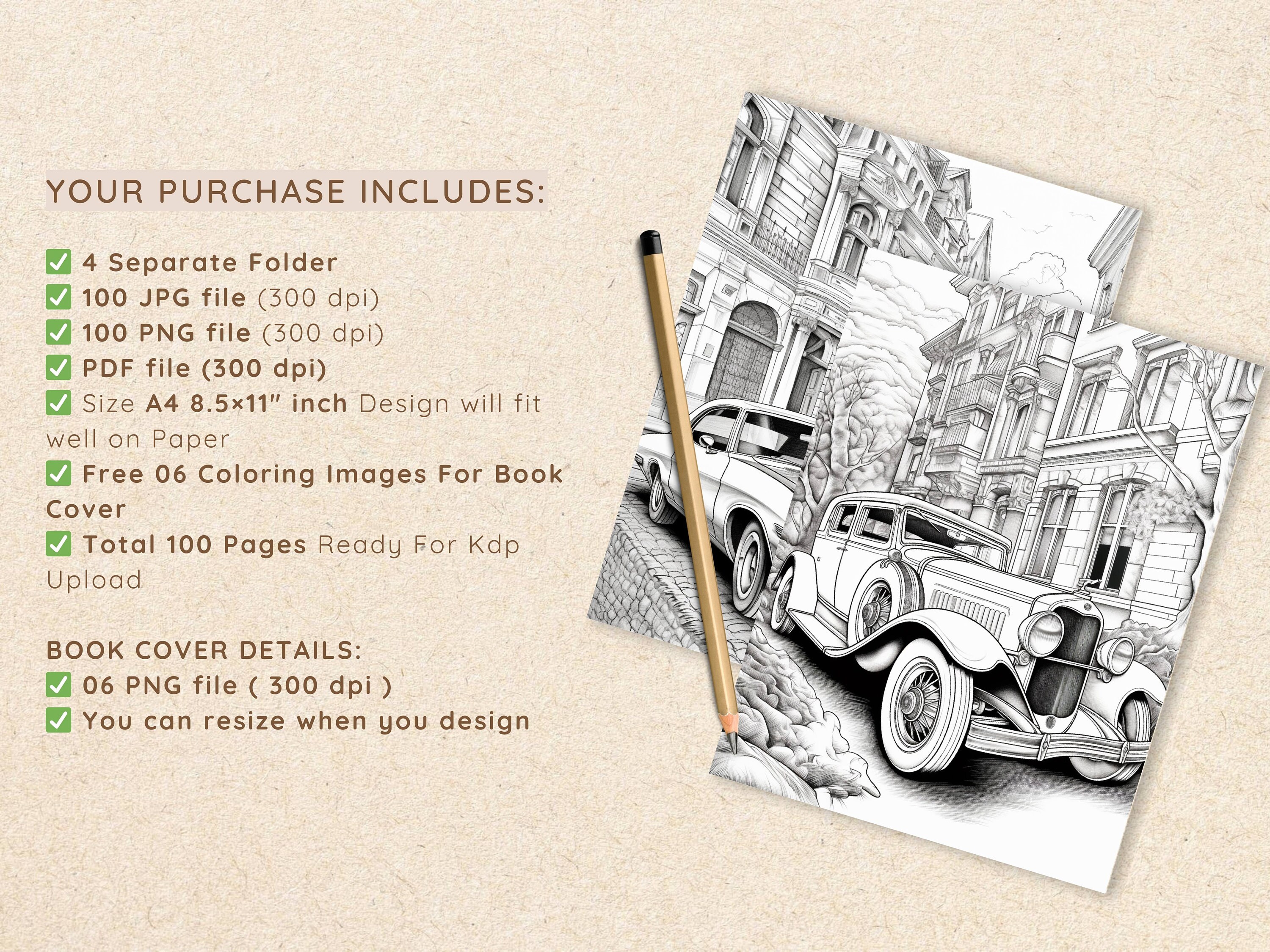 100 Pages Classic Cars Coloring Book, Kids Adult Coloring Pages, Old Timer Vintage Car ...