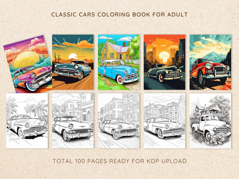 Classic Cars Coloring Book: 100 Pages of Vintage Automobiles for Kids and Adults, Printable Classic Motorcars Coloring Book image 2