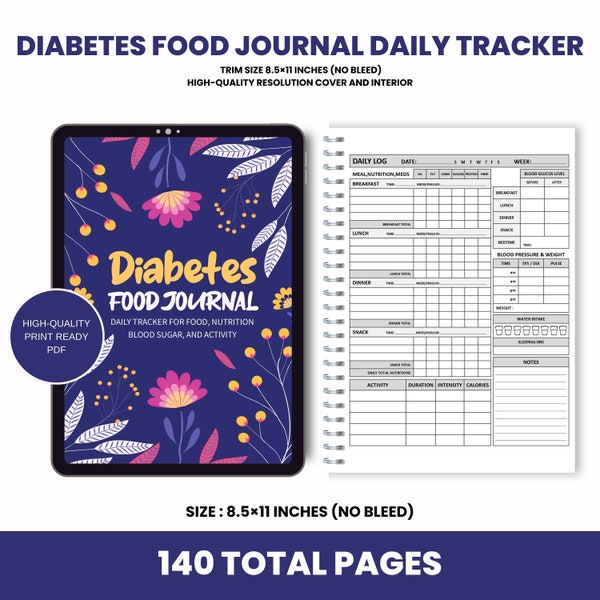 Printable Diabetes Food Journal Daily Tracker, Blood Sugar Log, Diabetic Food Planner, Diabetes Tracker, Meal Tracker, Diabetes Log Book