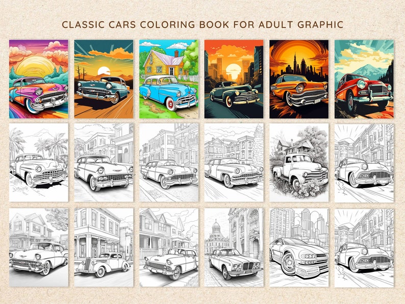 Classic Cars Coloring Book: 100 Pages of Vintage Automobiles for Kids and Adults, Printable Classic Motorcars Coloring Book image 3