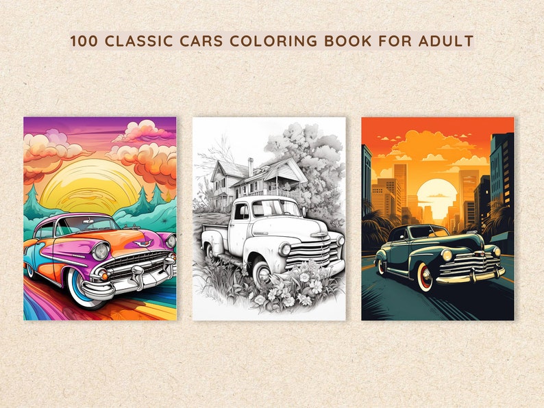 Classic Cars Coloring Book: 100 Pages of Vintage Automobiles for Kids and Adults, Printable Classic Motorcars Coloring Book image 1