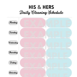 Puede incluir: Un horario de limpieza diario imprimible para parejas. El horario está dividido en dos columnas, una para cada persona. Cada columna tiene siete filas, una para cada día de la semana. Los días de la semana están listados en el lado izquierdo del horario. Las palabras "HIS & HERS" y "Daily Cleaning Schedule" están en la parte superior del horario.
