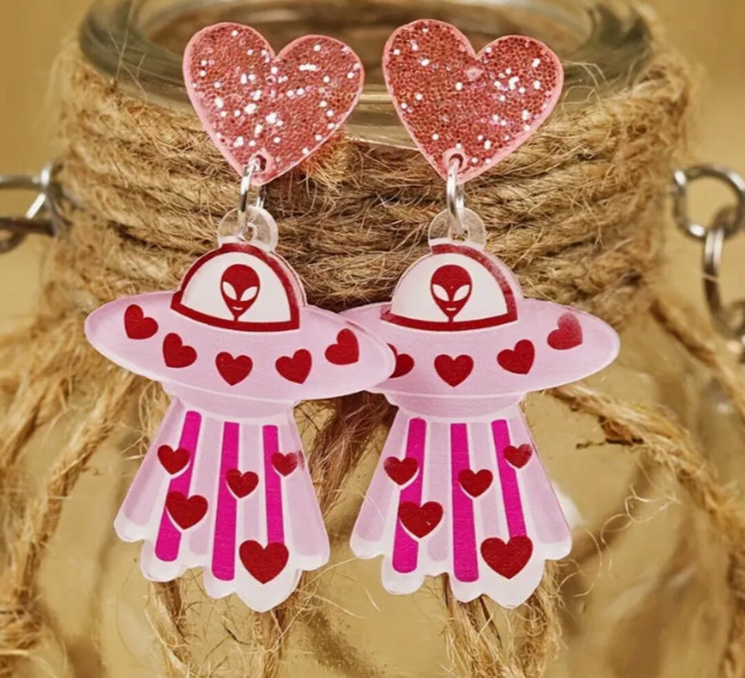 Pink Alien Love UFO Earrings, Sparkly Alien Earrings Etsy
