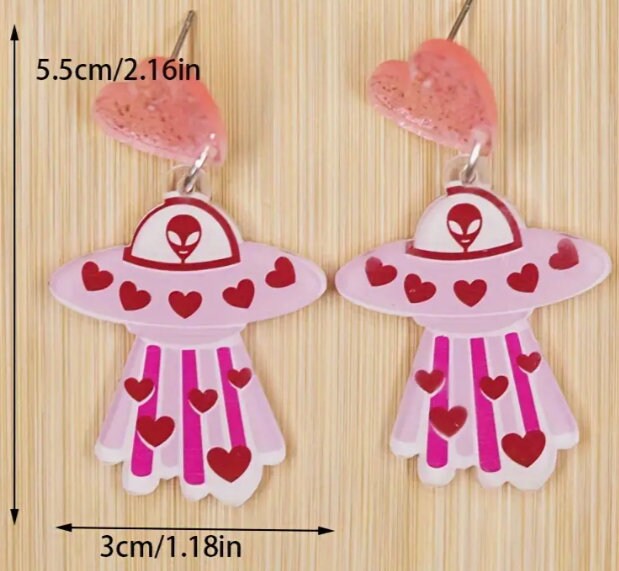 Pink Alien Love UFO Earrings, Sparkly Alien Earrings Etsy