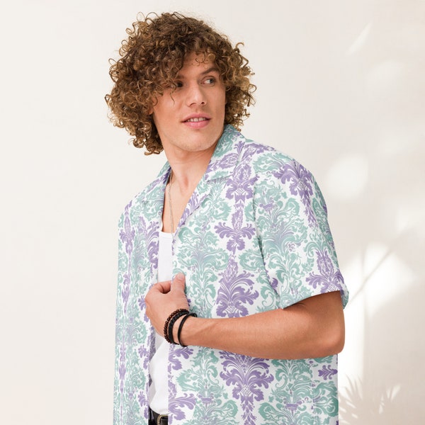 Hawaiian shirt for men women unisex tropical beach vacation shirt tommy vercetti Purple Moss Damask tile print on white summer holiday party