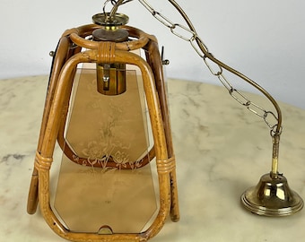 Hand-engraved bamboo and Murano glass chandelier, Italy, 1950s