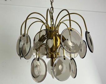 Murano glass and brass chandelier, Vistosi design, 6 lights, 1970s