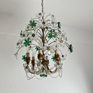 Mid-Century Chandelier with Green and Transparent Colored Flowers in Murano Glass, 1960s